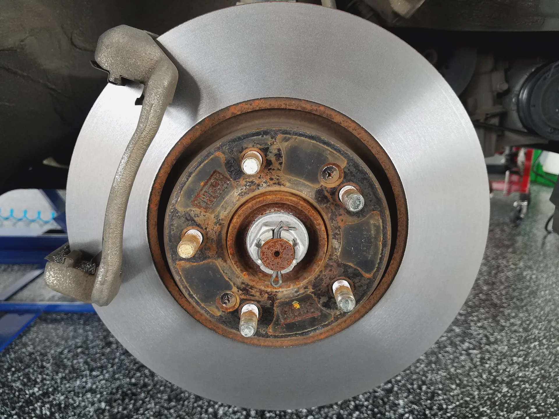 Close-up of brake rotor and hub during service